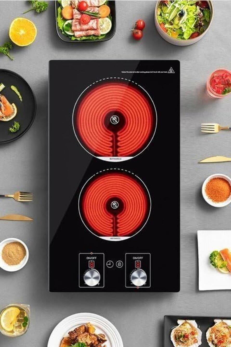 2-Burner Electric Cooktop 110V 1800W Knob Control 12" Child Lock Timer 9 Levels